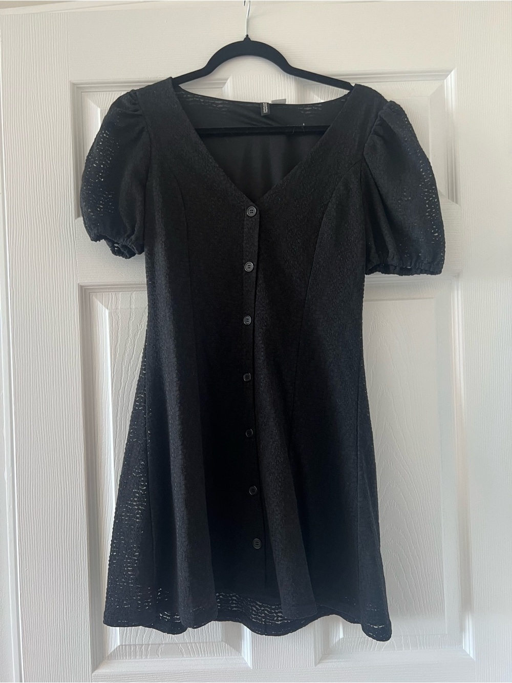 H&M Black Puff-Sleeve Button-Front Mini Dress